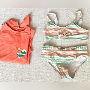 girls bathing suit set and rash guard.